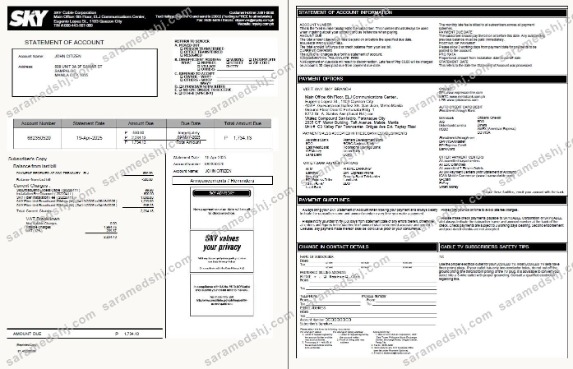 Philippines Sky Cable Corporation utility bill template in Word and PDF formats, 2 pages, version 2